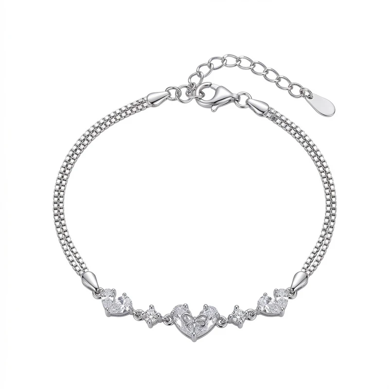 925 silver double chain heart charm bracelet 925 silver double chain heart charm bracelet