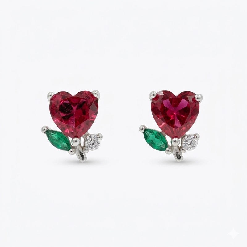 925 silver red heart floral zircon stud earrings 925 silver red heart floral zircon stud earrings