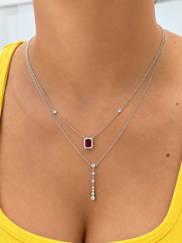925 silver layered necklace with red stone 925 silver layered necklace with red stone