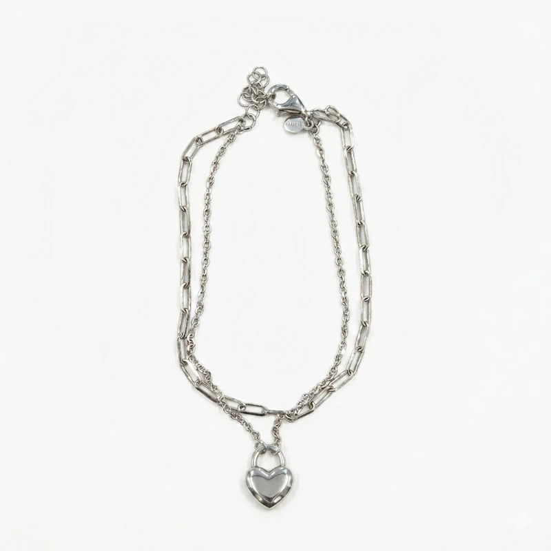 925 silver double chain heart charm bracelet 925 silver double chain heart charm bracelet